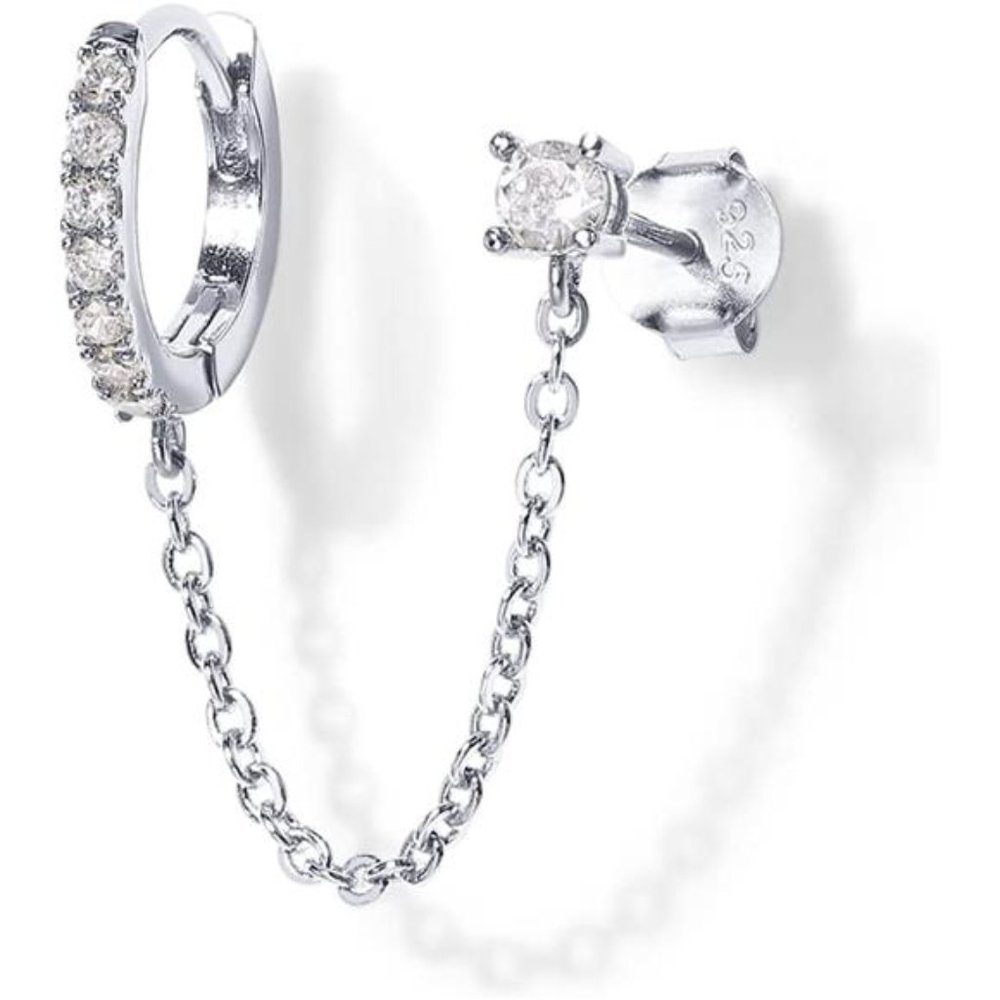 14K Gold Chain Earrings Women Double Piercing Dangle Chain Huggie Hoop Earrings